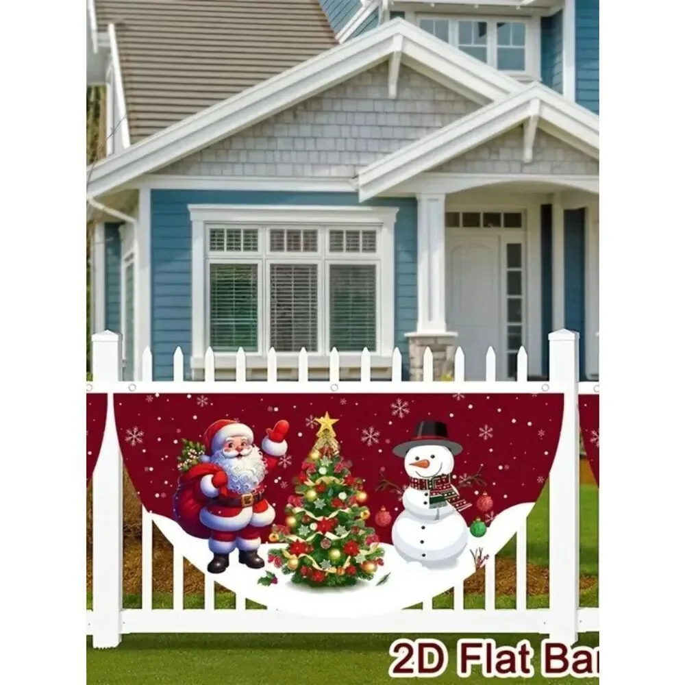 18 x 35 Holiday Wall Banner Festive Christmas Snowman & Santa and Festive Tree
